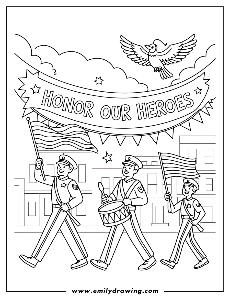 Line art of a Memorial Day parade with people holding flags and playing a drum, with a banner overhead that says