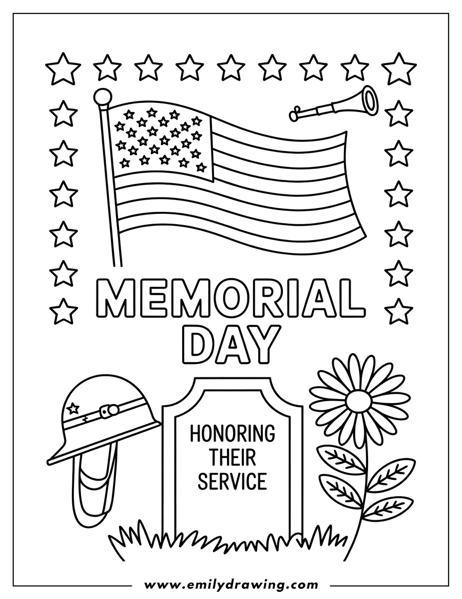 Line art illustration of Memorial Day symbols including the American flag, a bugle, a soldier's helmet, a gravestone, and a flower. The gravestone reads 'Honoring Their Service'.