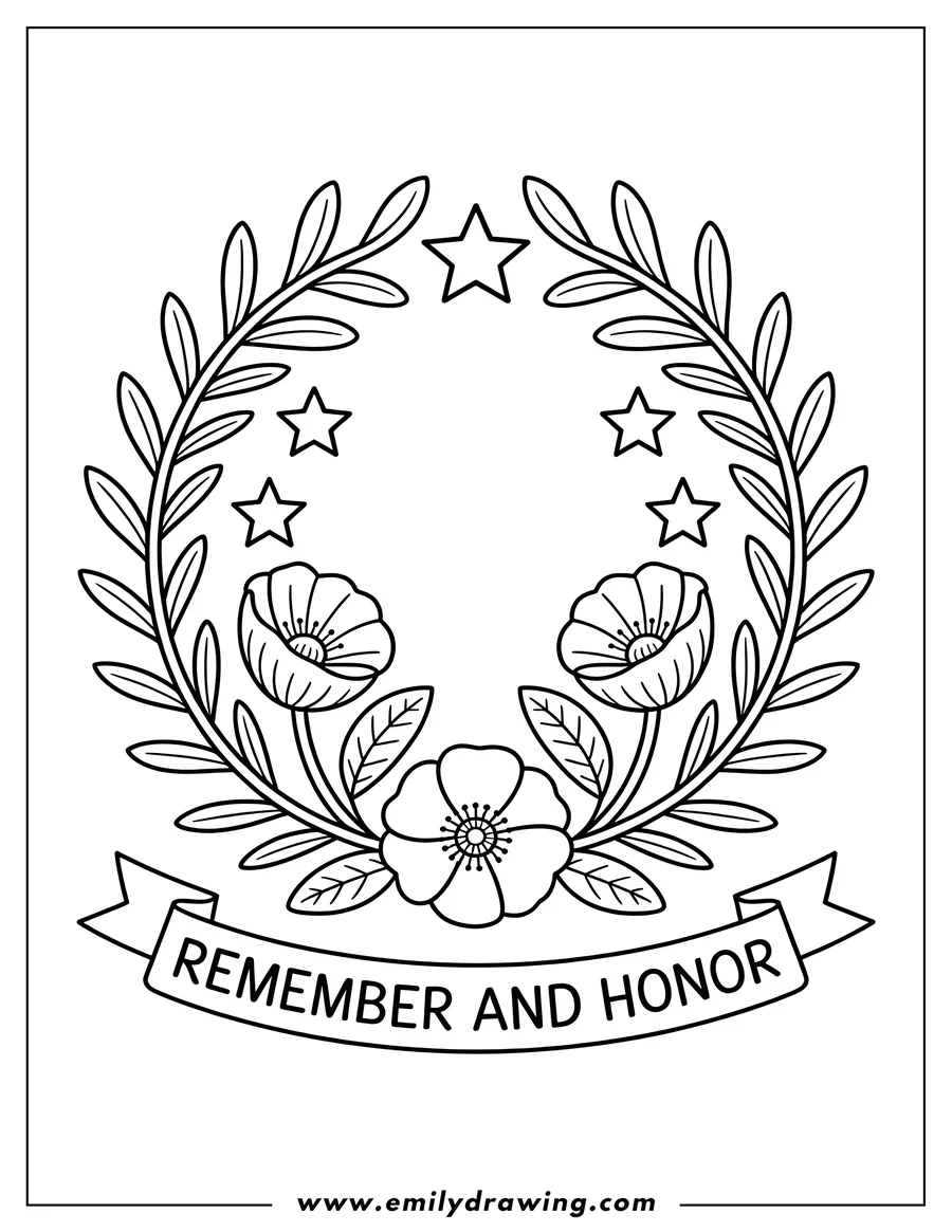 Outline of a Memorial Day wreath with poppies, leaves, stars, and a ribbon that says