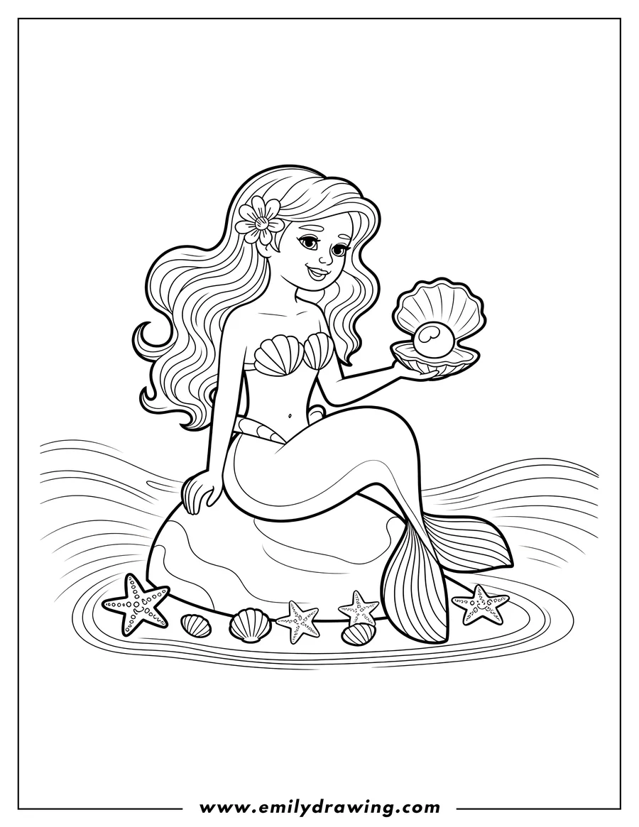 Outline of a mermaid sitting on a rock holding a pearl in an open seashell. Starfish and shells surround the rock in shallow water.