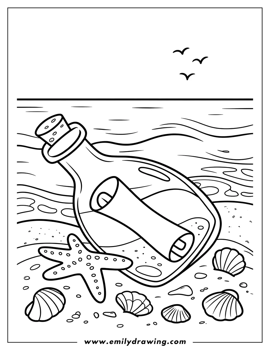 Line art of a message in a bottle washed ashore on a beach, surrounded by seashells and a starfish.