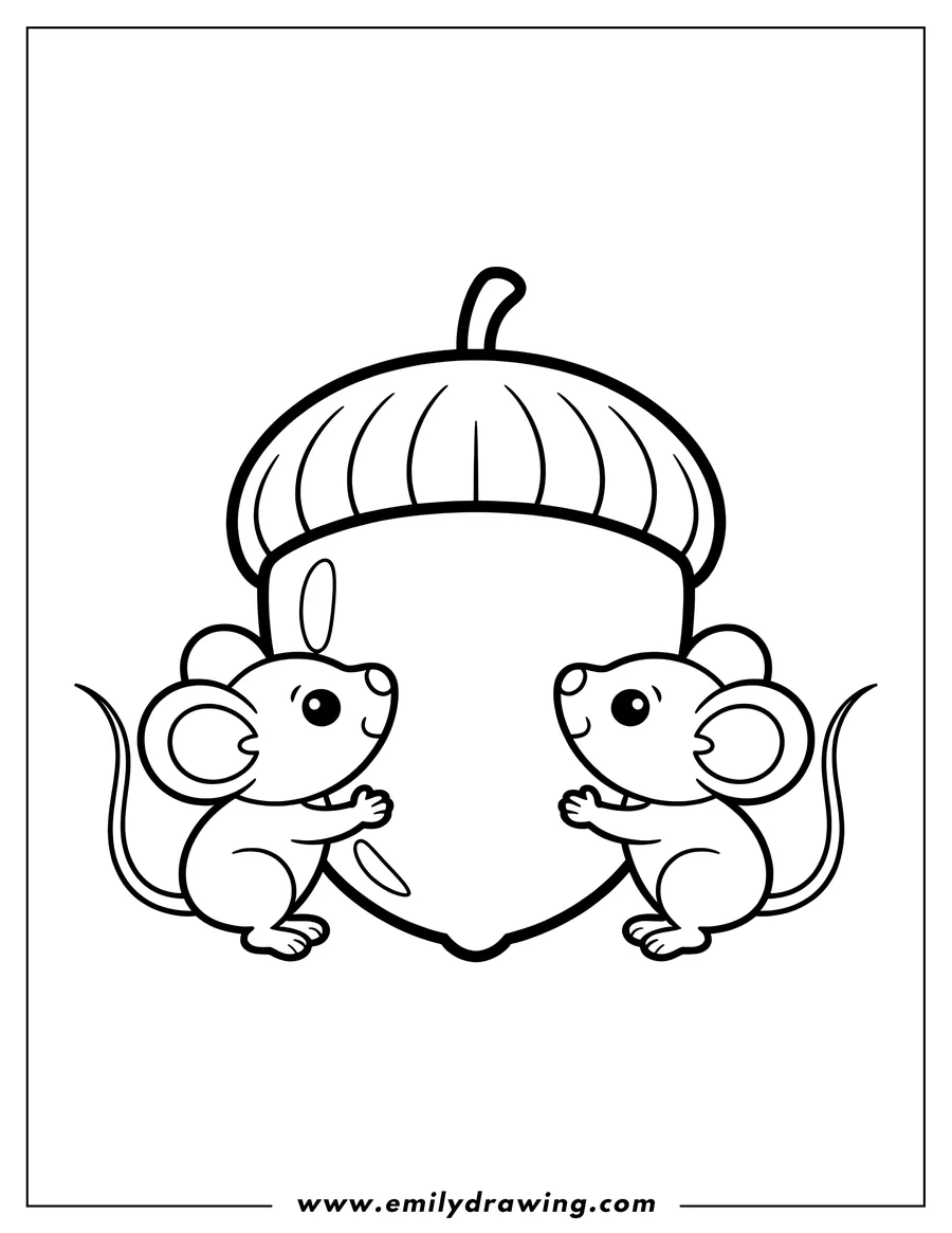 Outline of two mice facing an acorn. They look happy to see it.