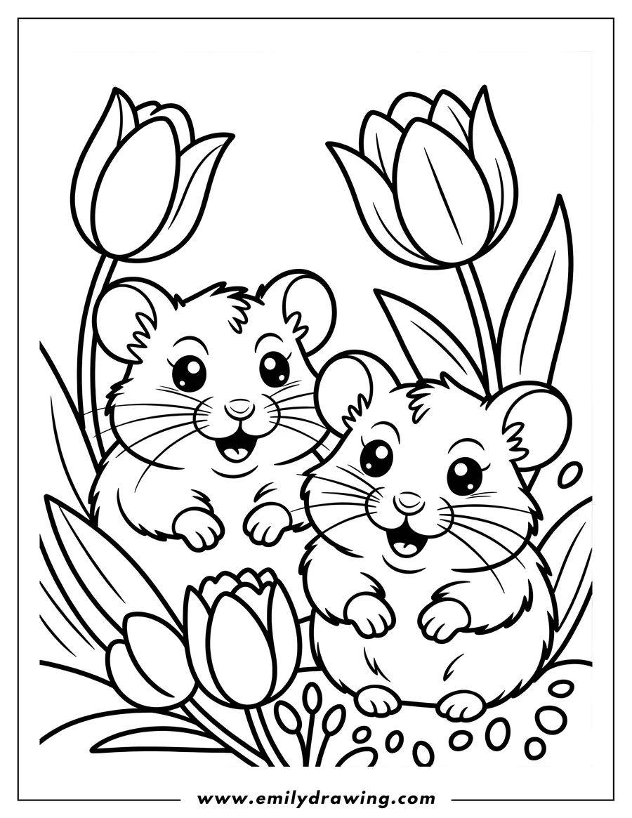 Outline of two smiling mice among tulips. One mouse looks towards the viewer, and the other looks at the flowers.