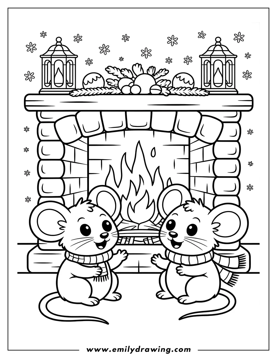 Outline of two mice wearing scarves, sitting by a fireplace with a burning fire. Christmas lanterns and decorations are on the mantelpiece.