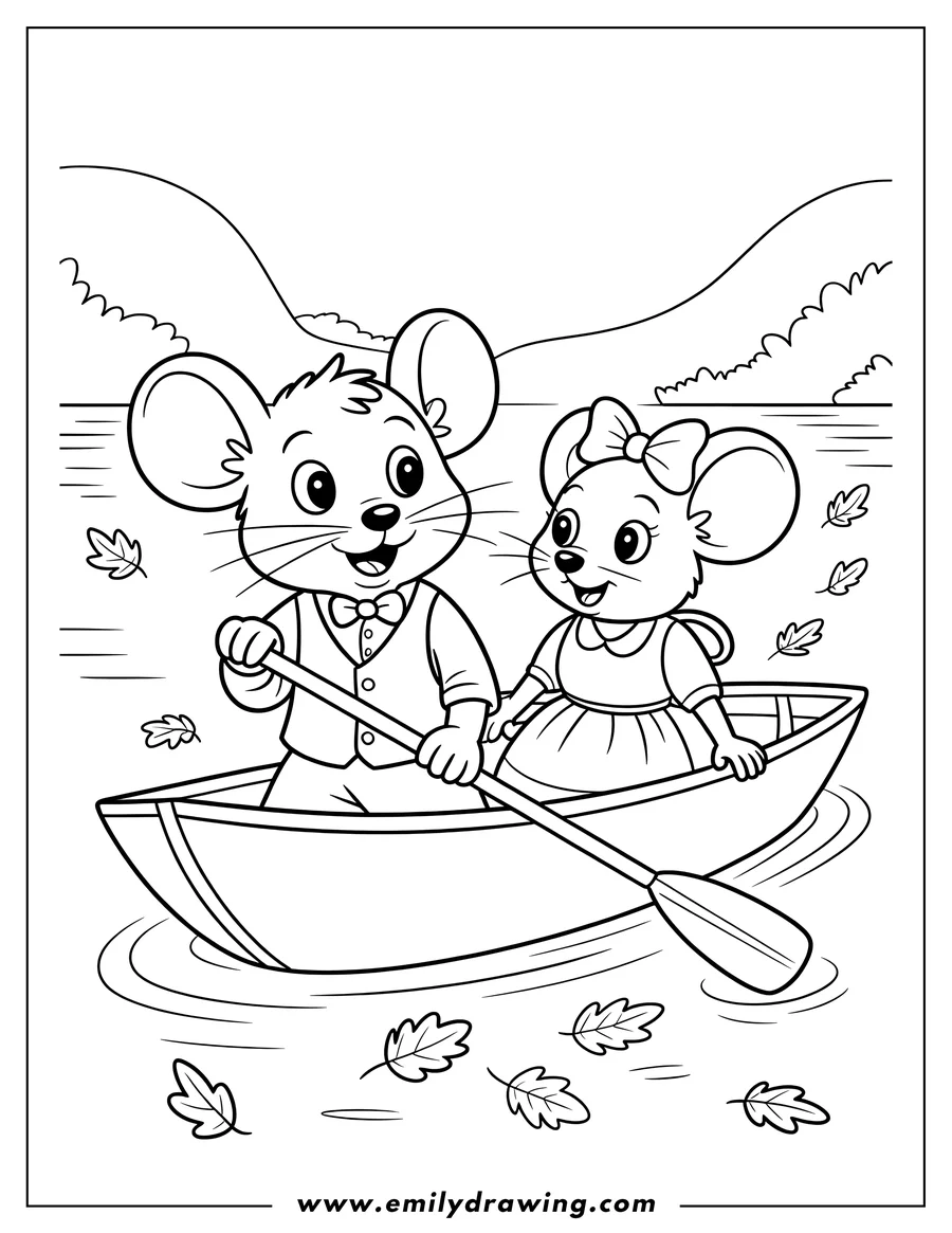 Two mice rowing in a small boat on a lake with autumn leaves floating around them.