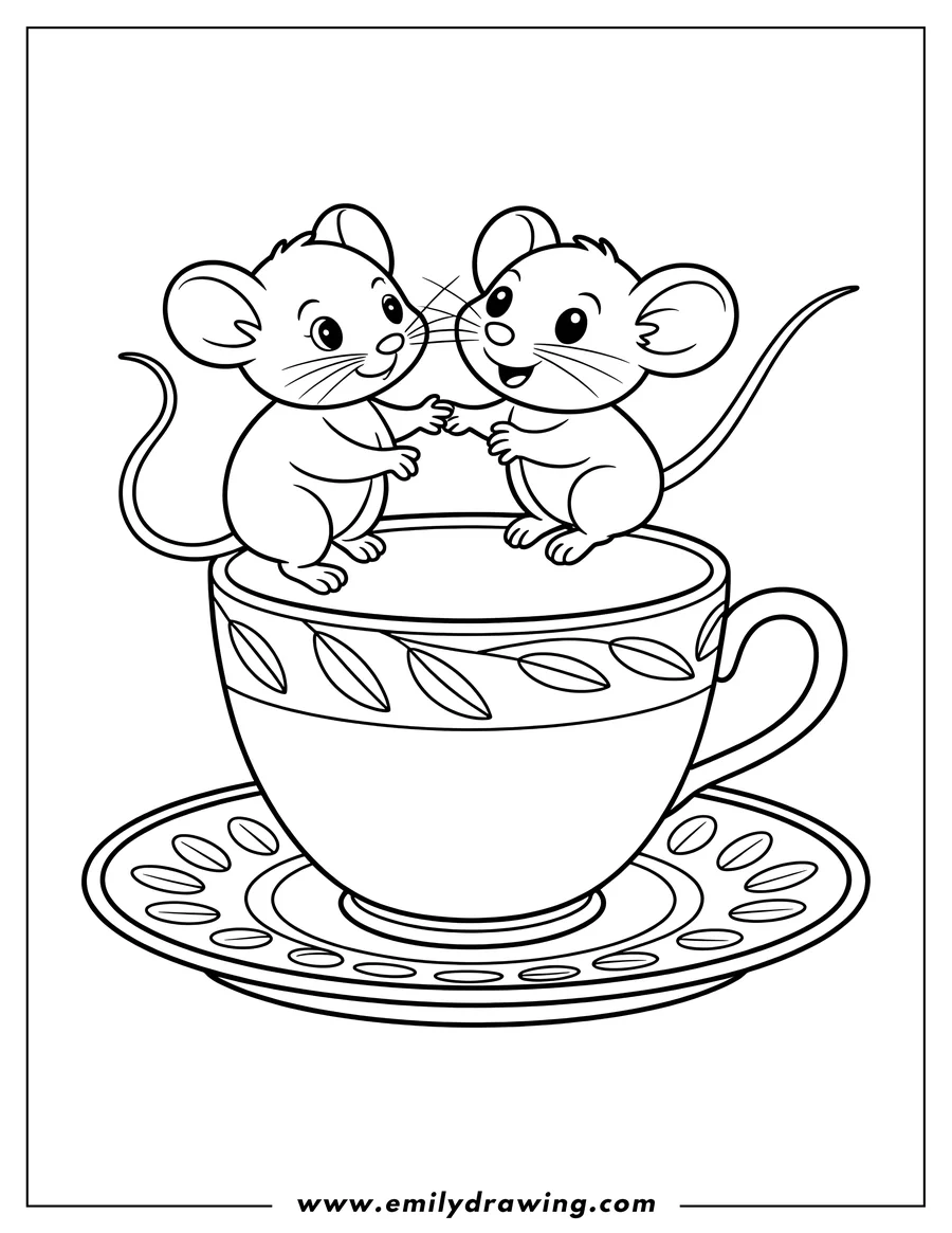 Two mice standing on a decorated teacup and saucer.