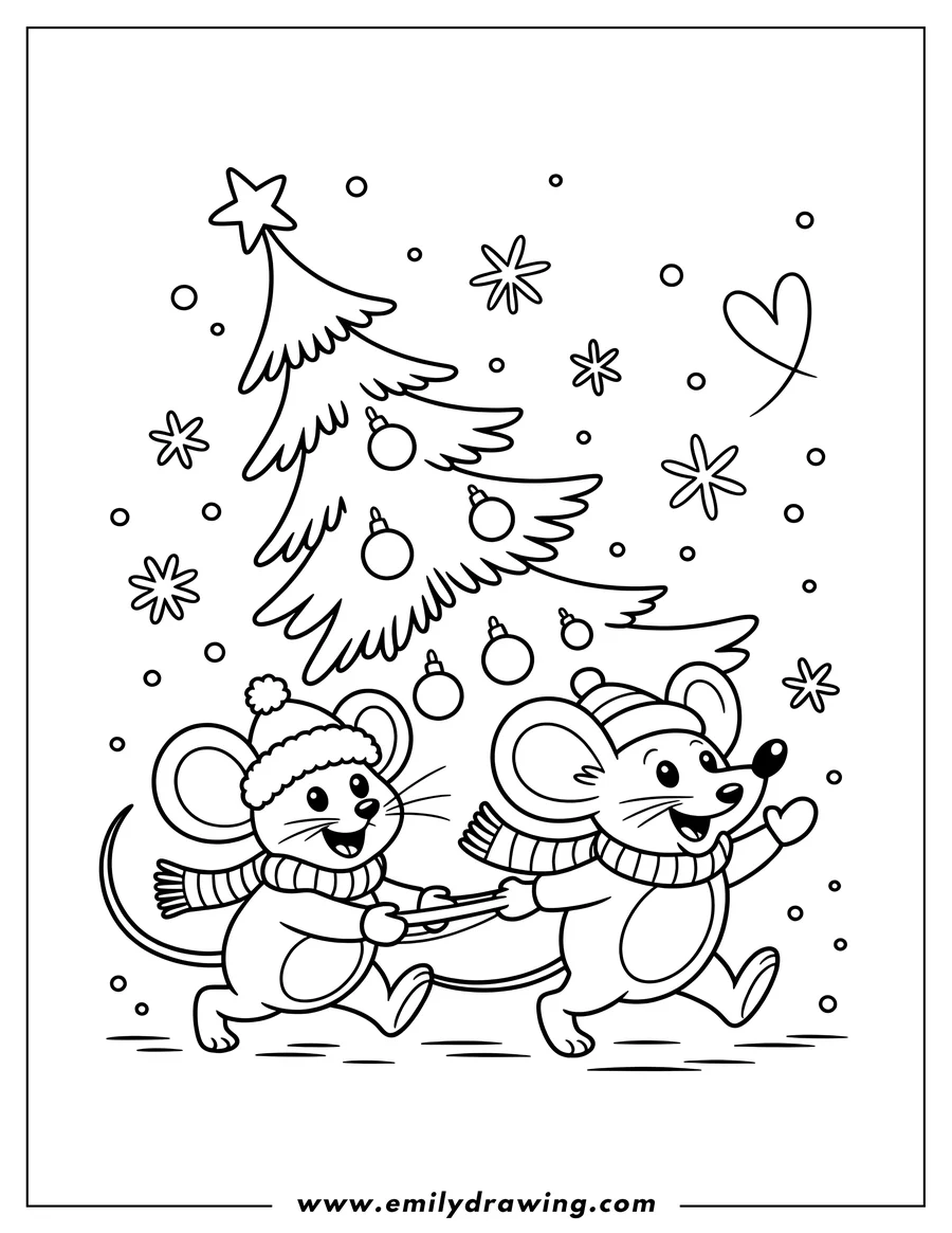 Two mice wearing winter hats and scarves pull a decorated Christmas tree with ornaments and a star on top.