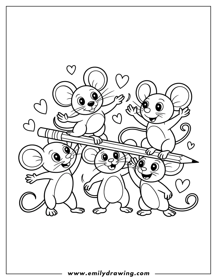 Outline of five happy mice interacting with a large pencil. Two mice sit on top of the pencil, while three mice stand below, appearing to hold it up.