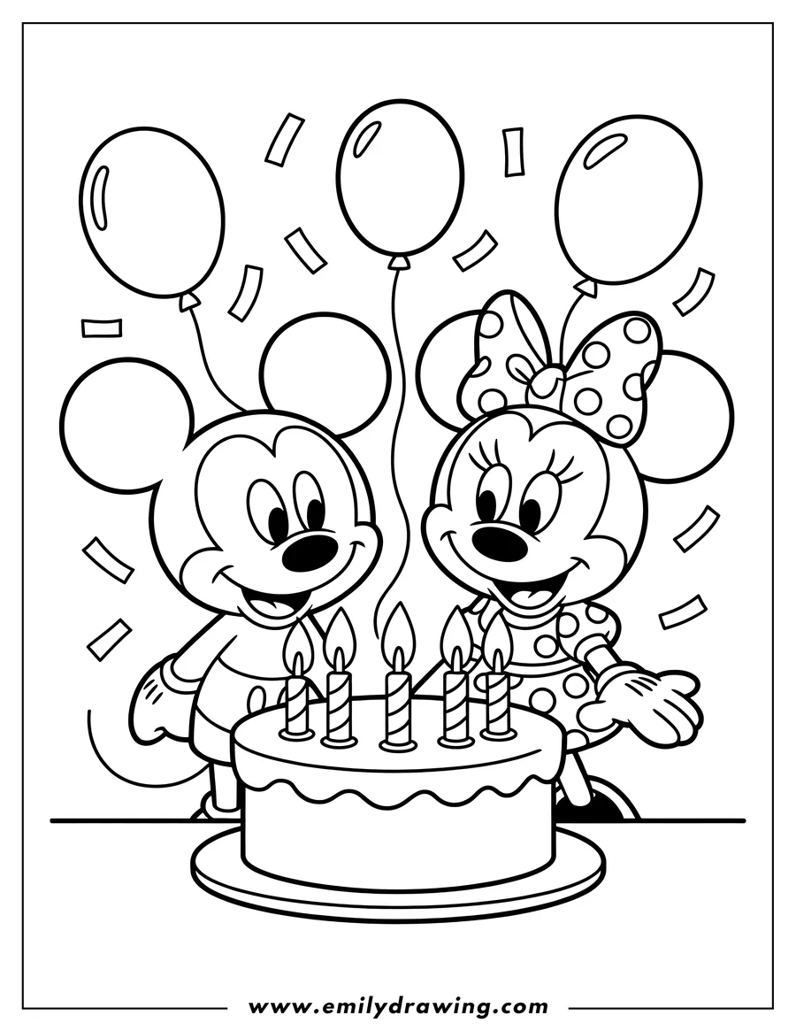 Line art of Mickey and Minnie Mouse with a birthday cake and balloons. They are smiling and seem excited to celebrate.