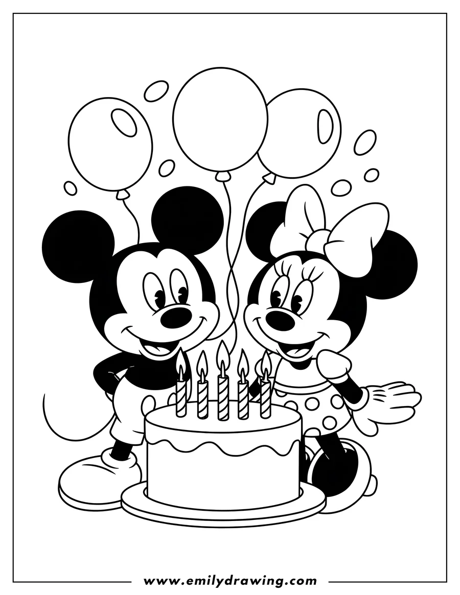 Line art of Mickey and Minnie Mouse celebrating a birthday with a cake and balloons. 