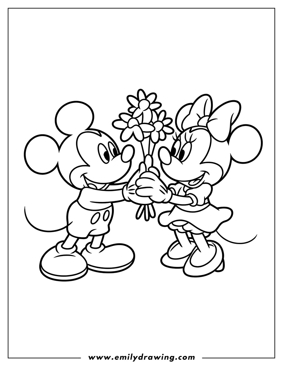 Line art of Mickey Mouse presenting a bouquet of flowers to Minnie Mouse. Both characters are smiling.