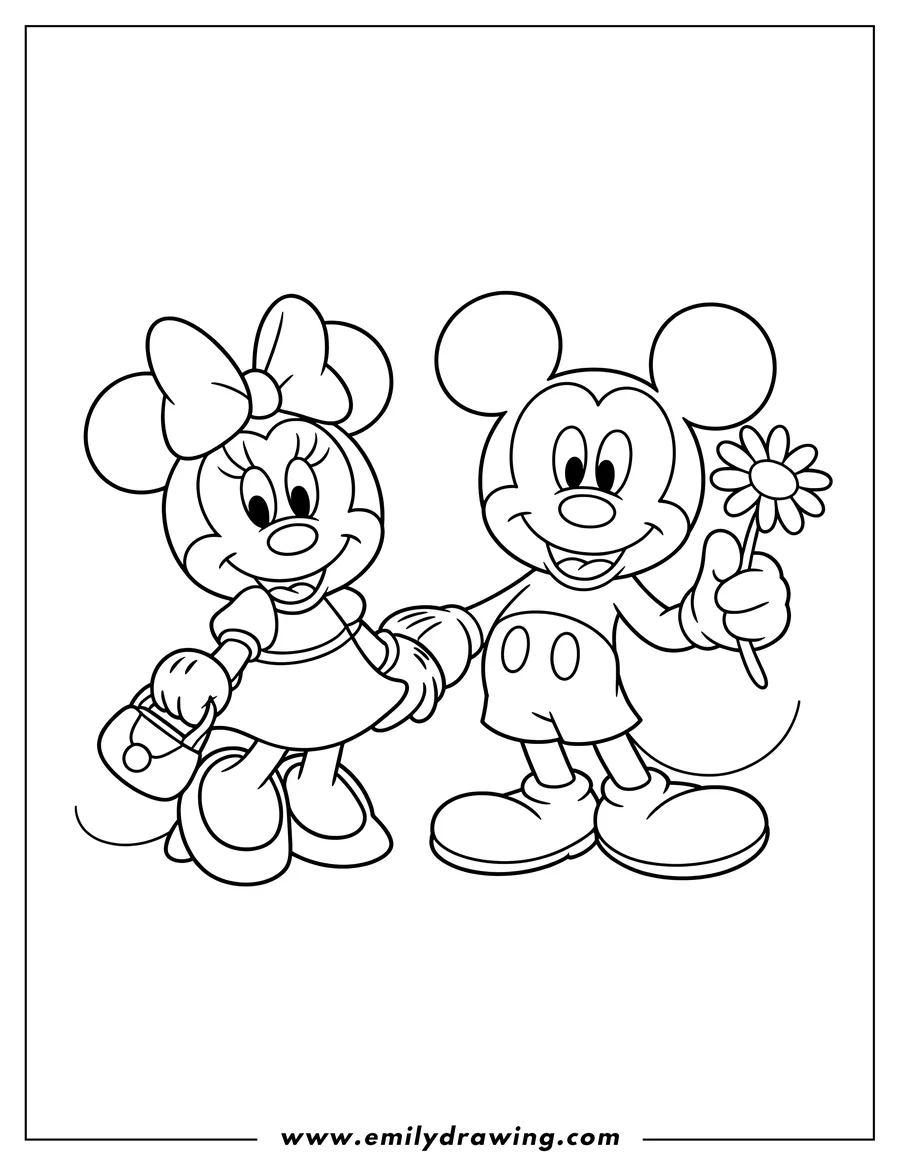 Outline of Mickey and Minnie Mouse holding hands. Mickey is holding a flower, and Minnie has a purse.