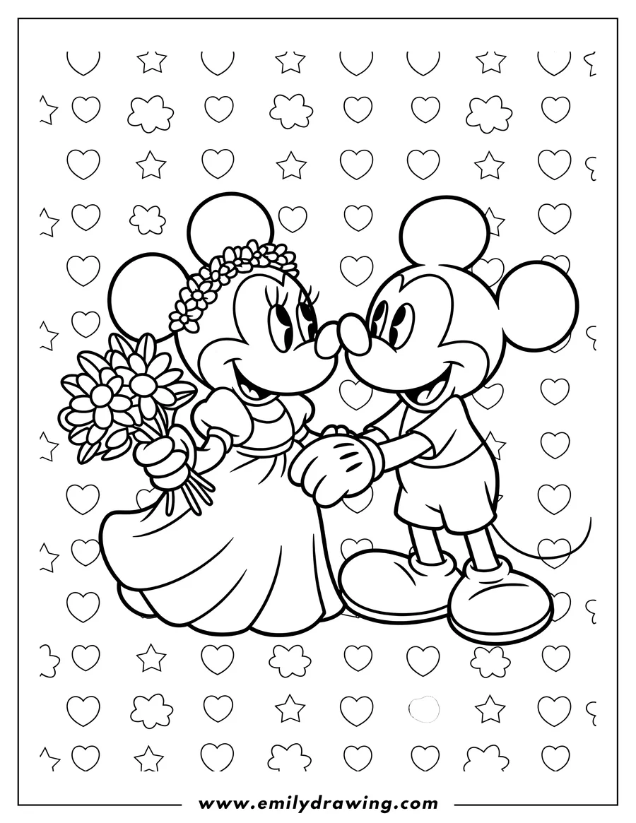 Line art of Mickey and Minnie Mouse holding hands at their wedding. Minnie wears a wedding dress and holds a bouquet, while Mickey wears a suit. Hearts and stars decorate the background.