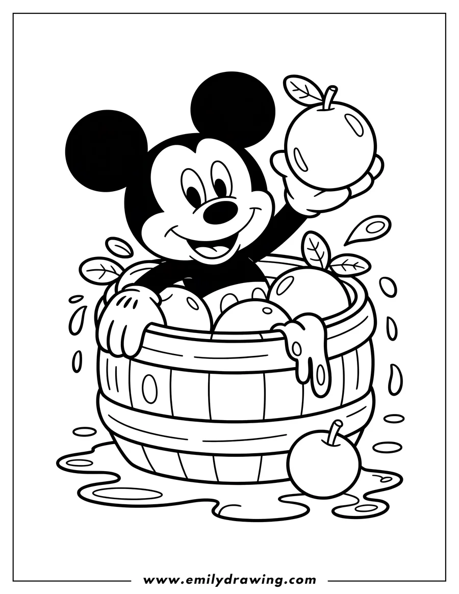 Line art of Mickey Mouse sitting in a barrel of apples, holding one up.