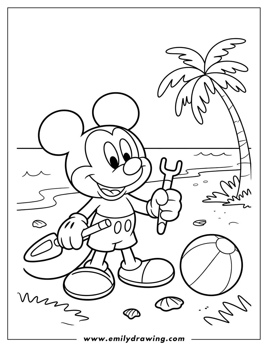 Line art of Mickey Mouse on the beach holding a shovel and rake, near a beach ball and palm tree.