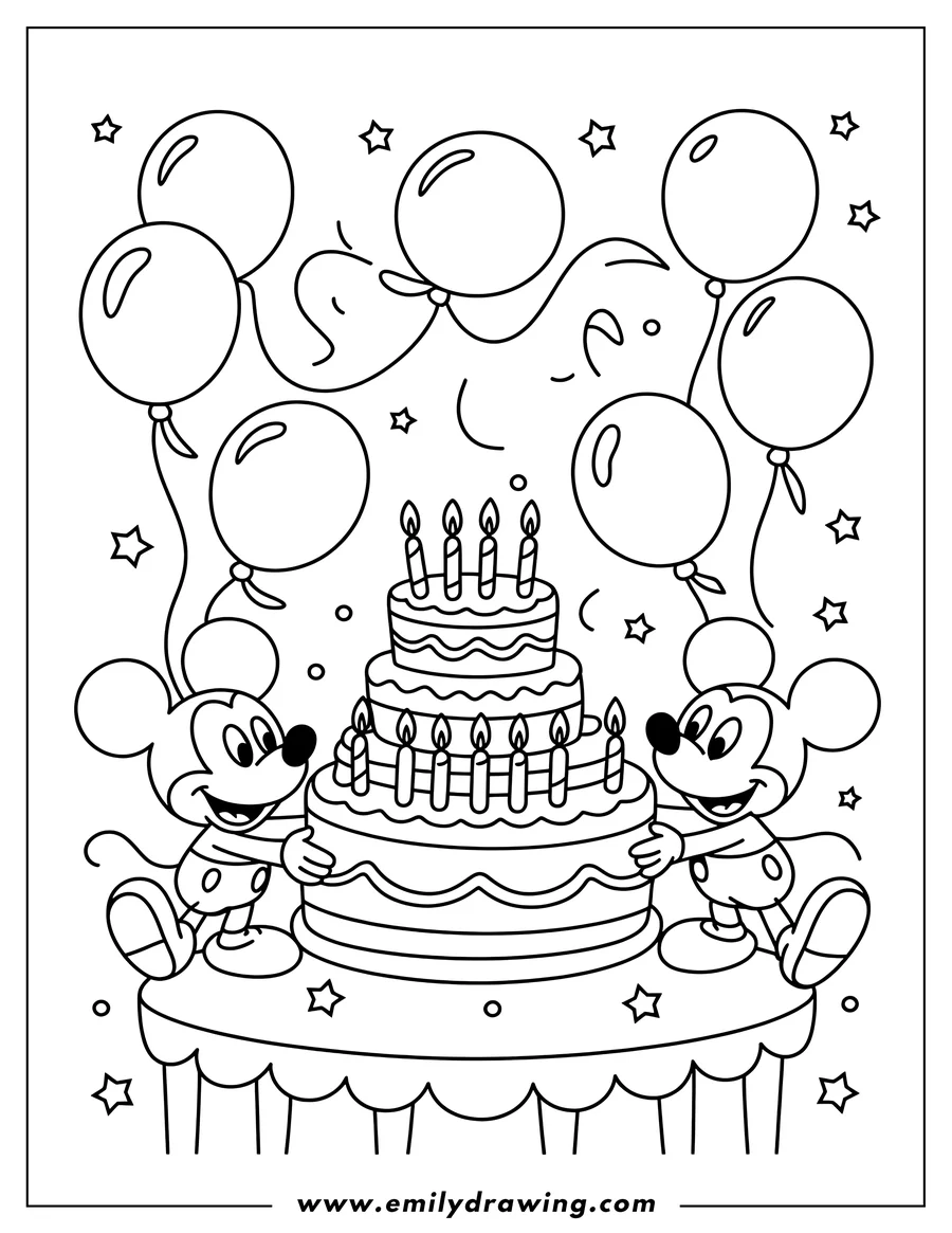 Line art of Mickey Mouse with a large birthday cake and balloons.  Two mice stand on either side of a two-tiered cake with candles. Several balloons and decorative stars fill the background.