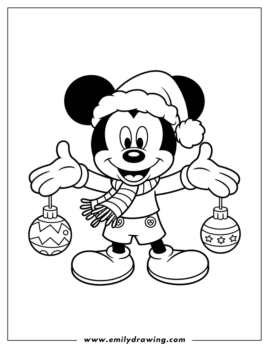 Line art of Mickey Mouse wearing a Santa hat and scarf, holding two Christmas ornaments. He's smiling and ready for the holidays.
