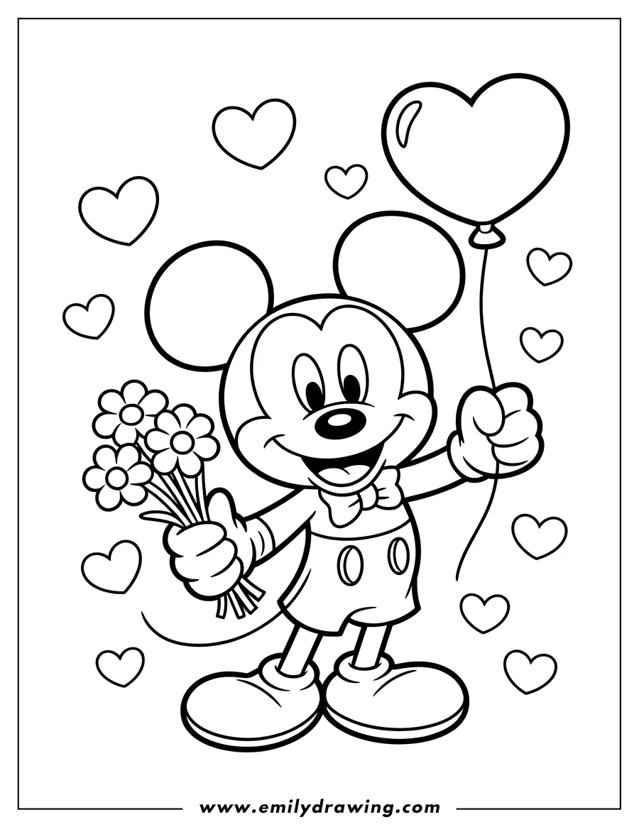 Line art of Mickey Mouse holding a bouquet of flowers and a heart-shaped balloon, surrounded by floating hearts.
