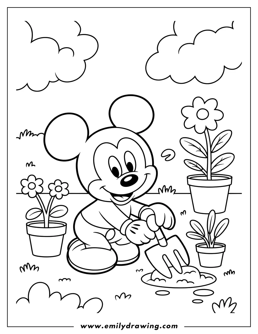 Line art of Mickey Mouse gardening, using a small hand shovel near potted flowers.