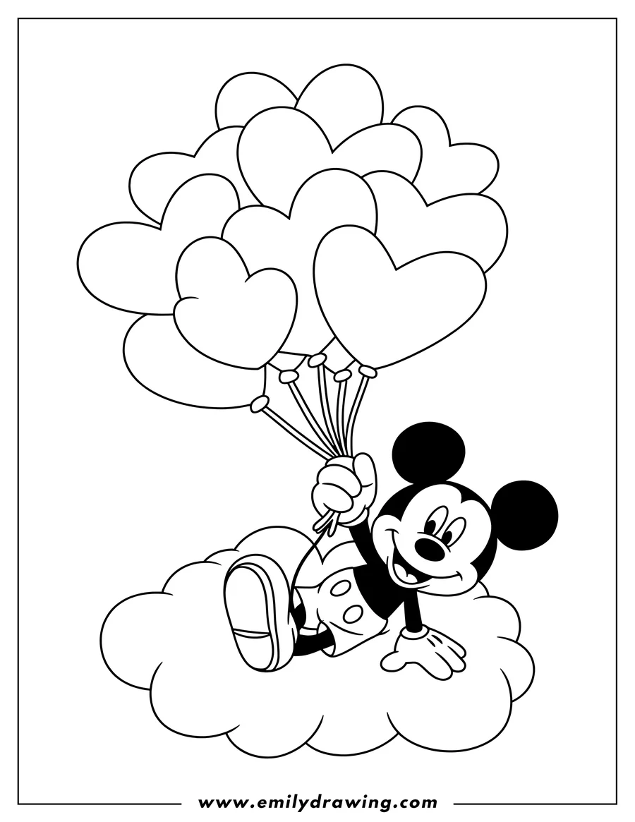 Outline of Mickey Mouse holding heart-shaped balloons and floating on a cloud