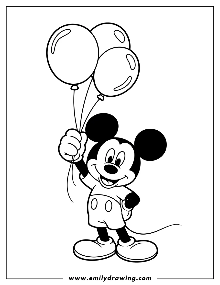 Line art of Mickey Mouse holding three balloons, smiling cheerfully.