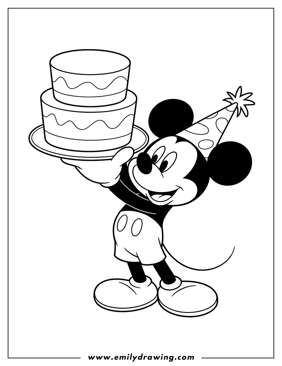 Line art of Mickey Mouse wearing a birthday hat and holding a two-tiered cake on a plate.
