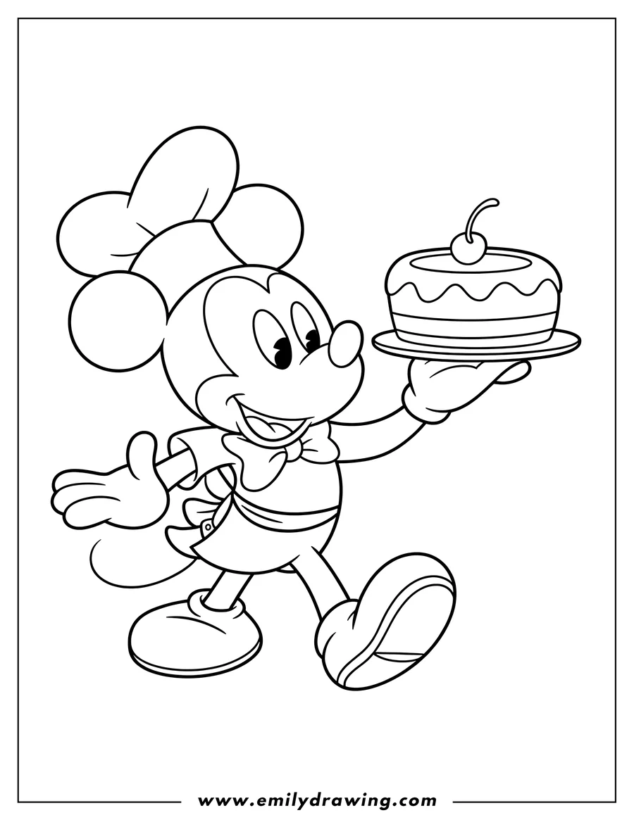 Line art of Mickey Mouse, wearing a chef's hat and apron, holding a cake with a cherry on top.