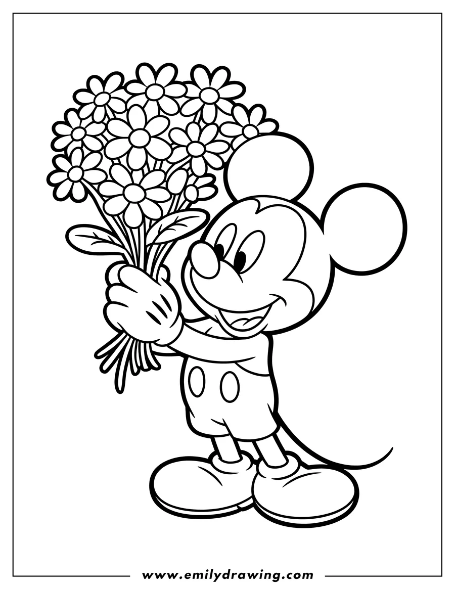 Line art of Mickey Mouse holding a bouquet of daisies.