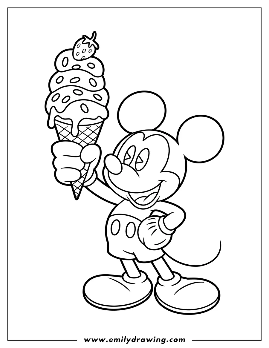 Line art of Mickey Mouse holding a large ice cream cone topped with a strawberry.