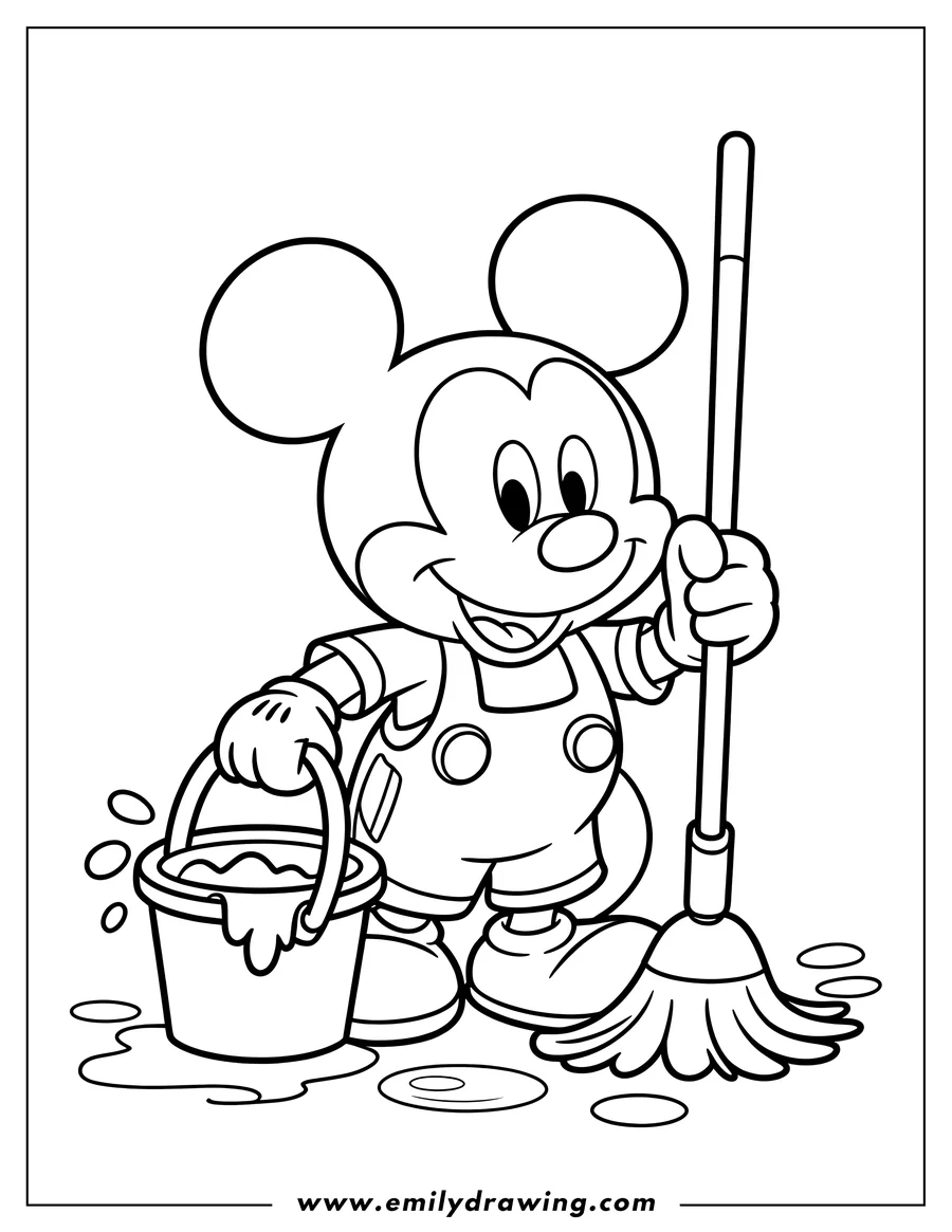 Line art of Mickey Mouse holding a mop and bucket, seemingly mopping up a spill.