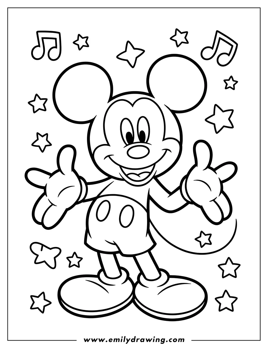 Line art of Mickey Mouse with music notes and stars floating around him.