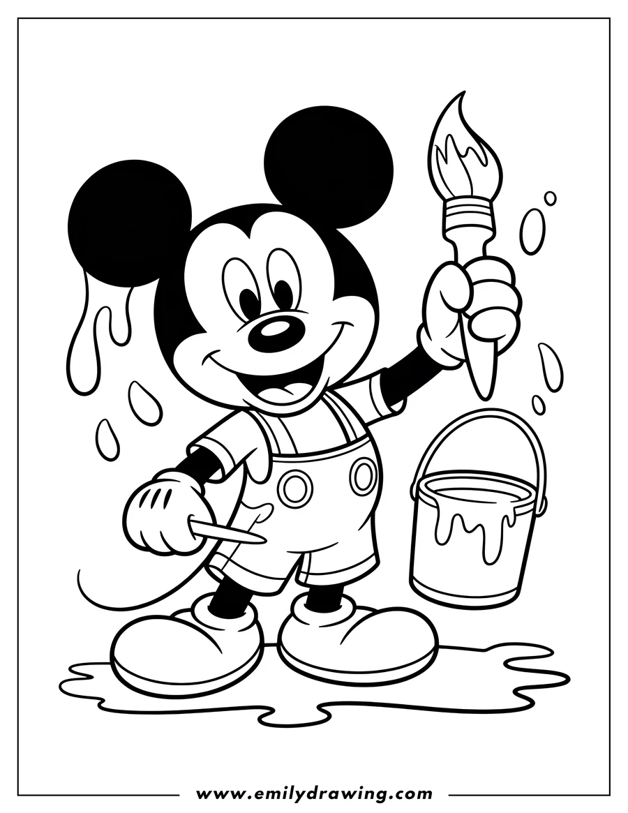 Line art of Mickey Mouse holding a paintbrush and a paint bucket, ready to paint.