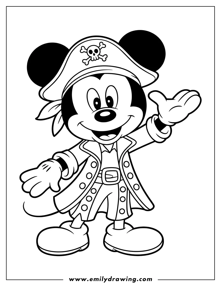 Line art of Mickey Mouse dressed as a pirate, waving. He wears a pirate hat with a skull and crossbones, a pirate coat, and big shoes.