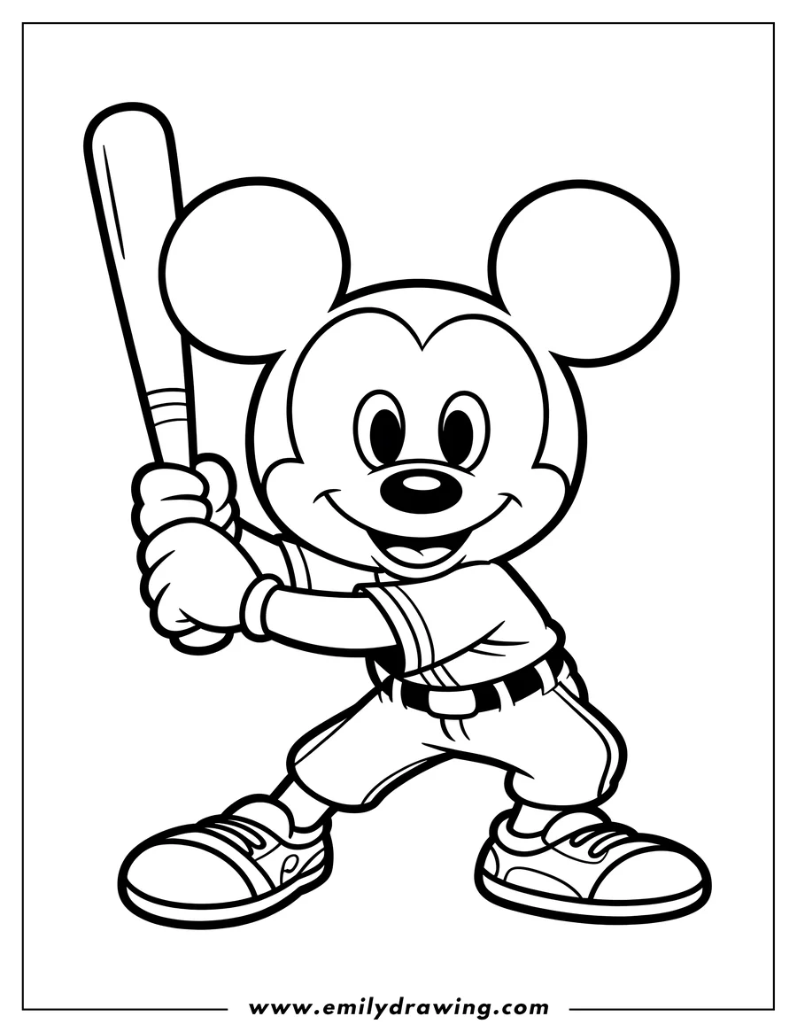Line art of Mickey Mouse in a baseball uniform, holding a bat and ready to swing.