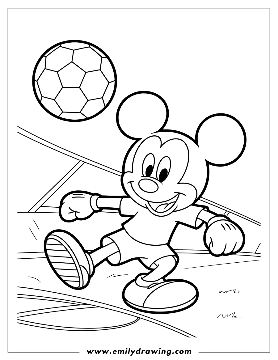 Line art of Mickey Mouse playing soccer. He is running and about to kick the ball.