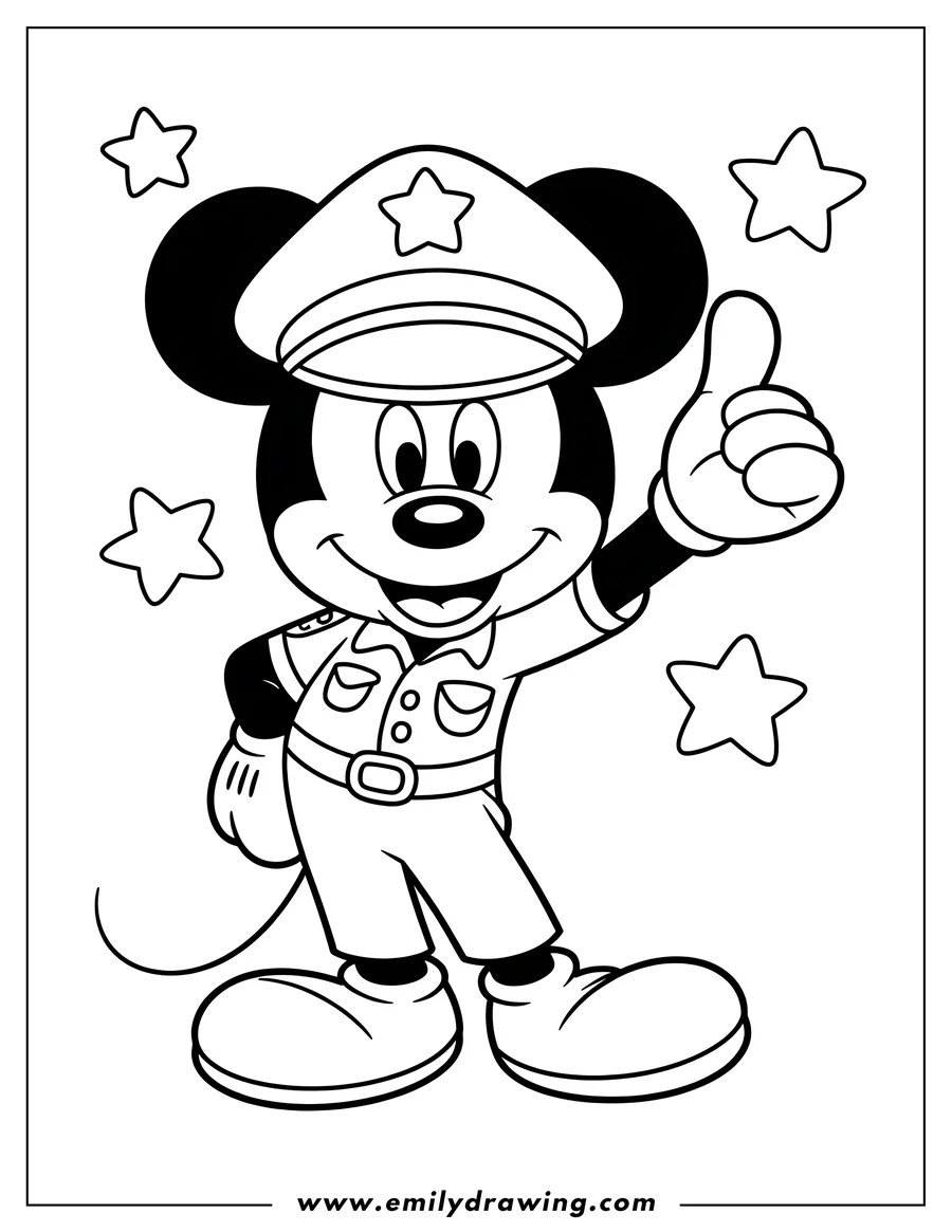 Line art of Mickey Mouse dressed as a police officer, giving a thumbs-up. He's wearing a uniform with a star on his hat.