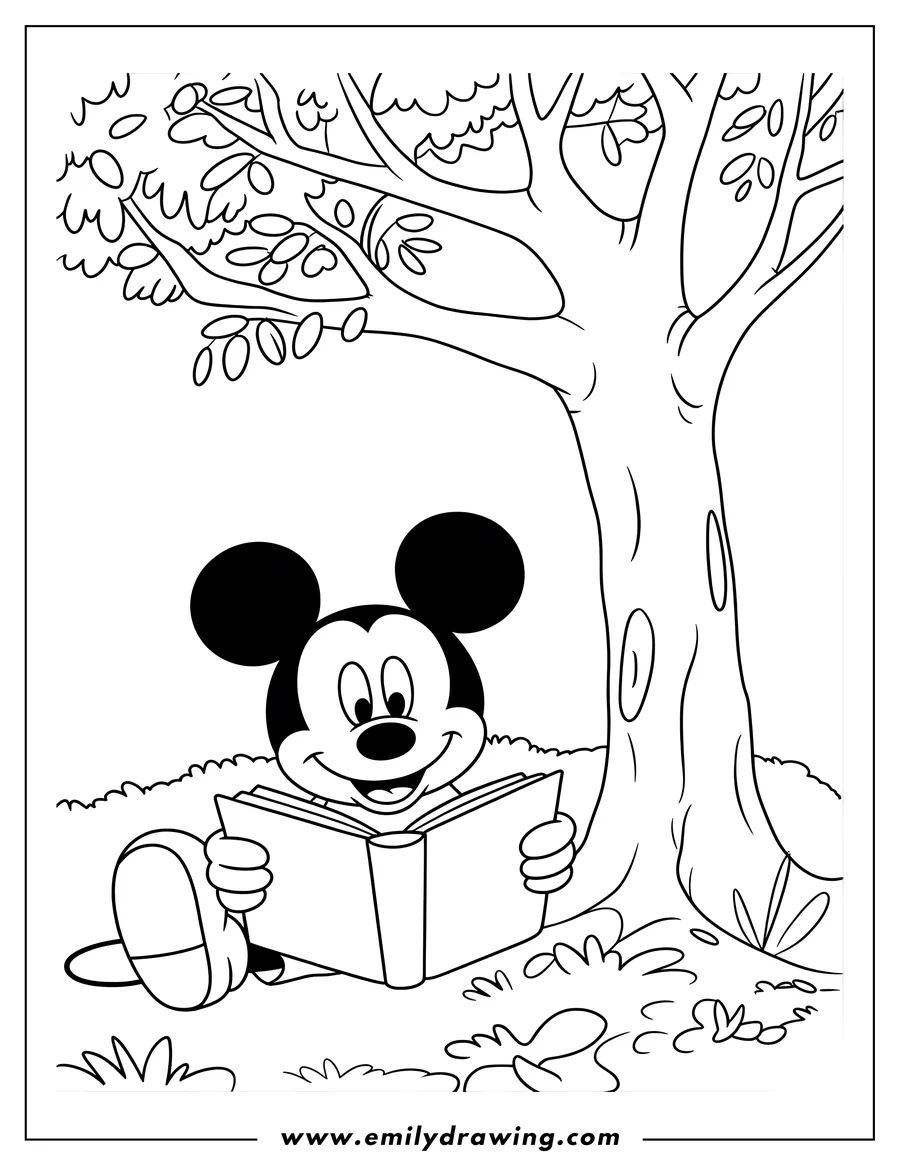 Outline of Mickey Mouse sitting under a tree reading a book.