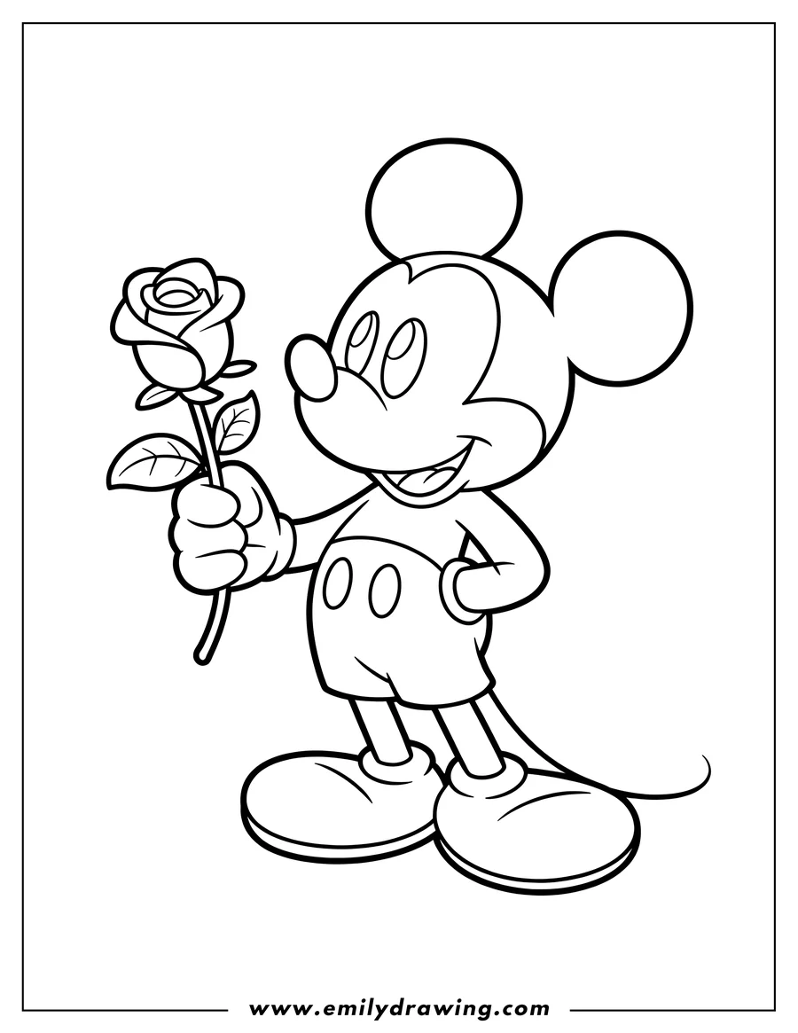 Line art of Mickey Mouse holding a single rose. He is smiling and seems happy.