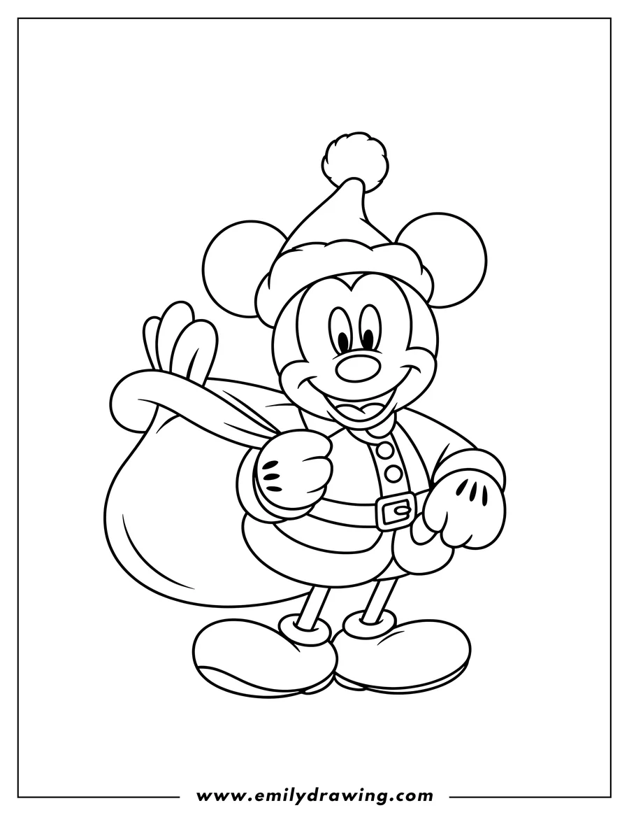 Line art of Mickey Mouse wearing a Santa hat and suit, holding a large sack presumably filled with gifts.