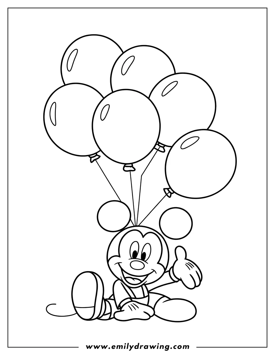 Line art of Mickey Mouse sitting and holding a bunch of balloons, with one hand outstretched in a friendly gesture.