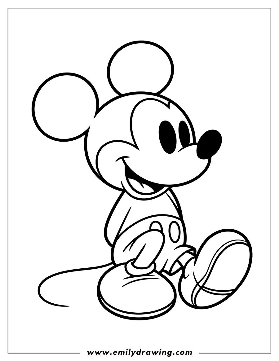 Line art of Mickey Mouse sitting down, facing forward and smiling.