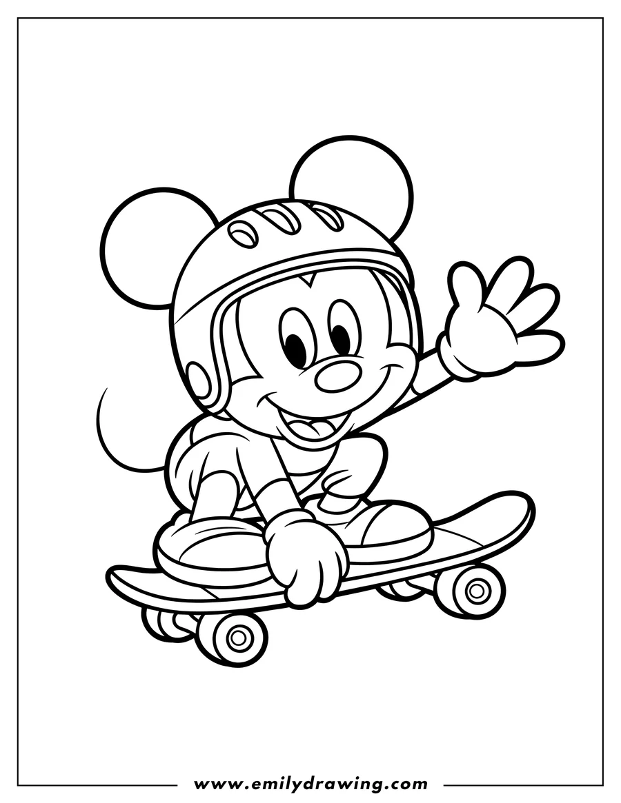 Line art of Mickey Mouse skateboarding while wearing a helmet. He's waving with one hand.