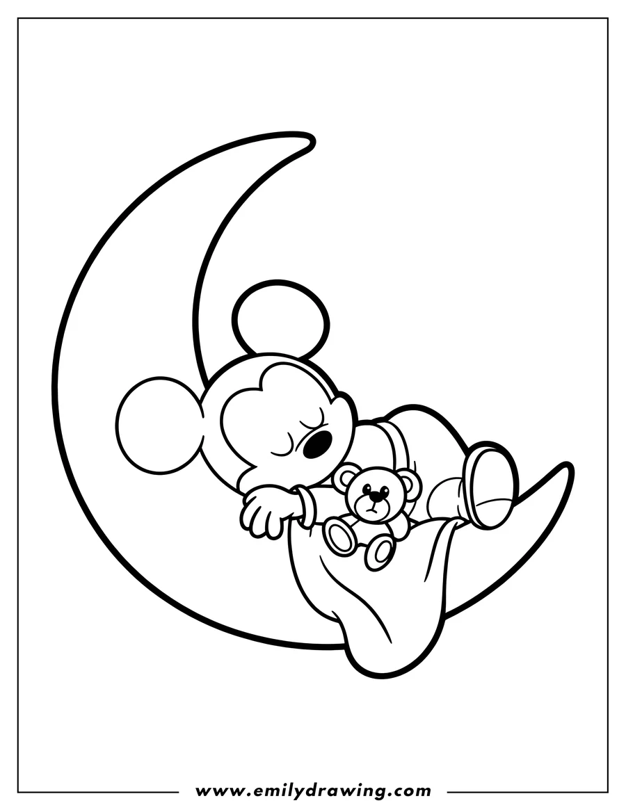 Outline of Mickey Mouse sleeping on the crescent moon, holding a teddy bear and covered with a blanket.