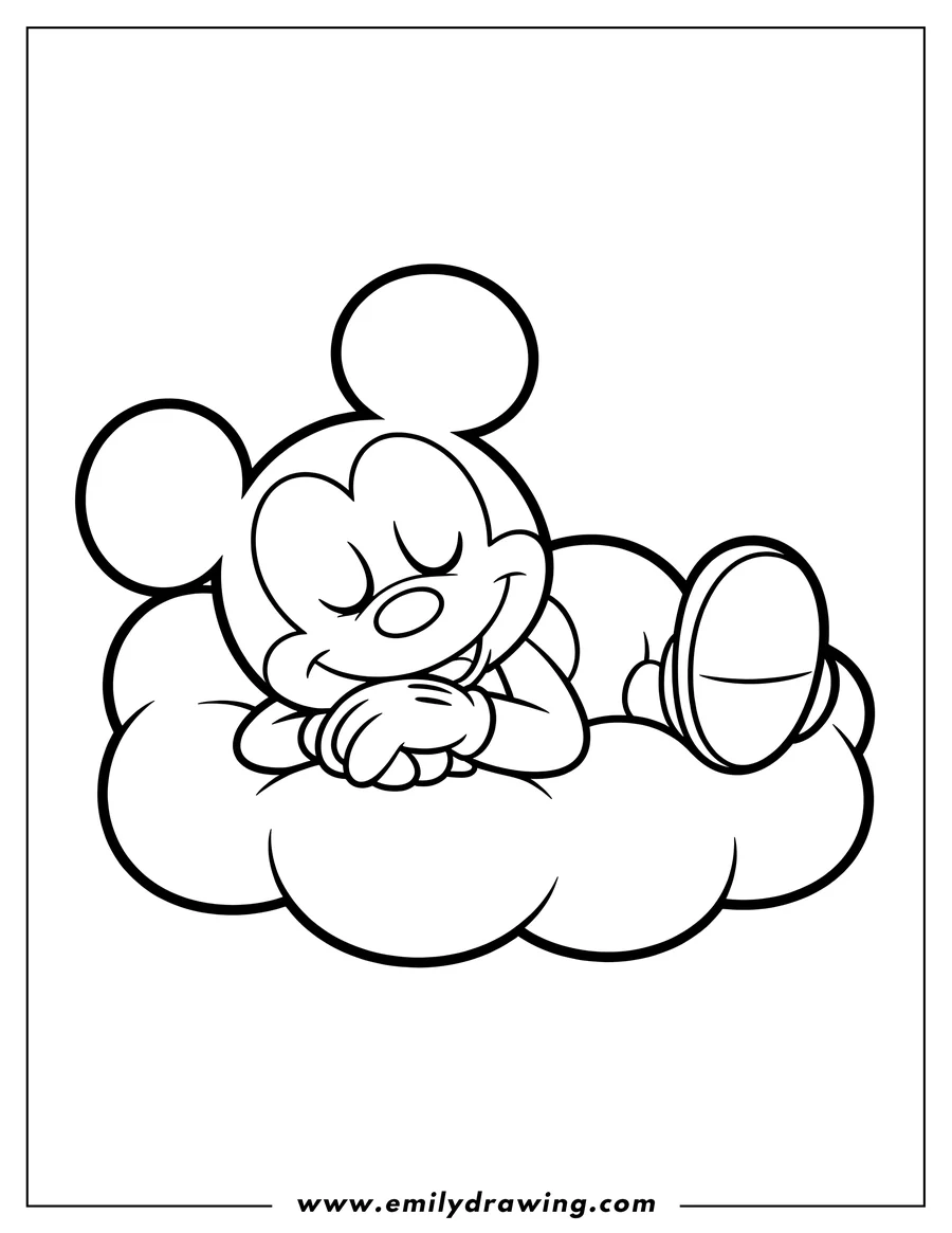 Outline of Mickey Mouse sleeping on a cloud with his hands folded.  He has his eyes closed and is smiling.