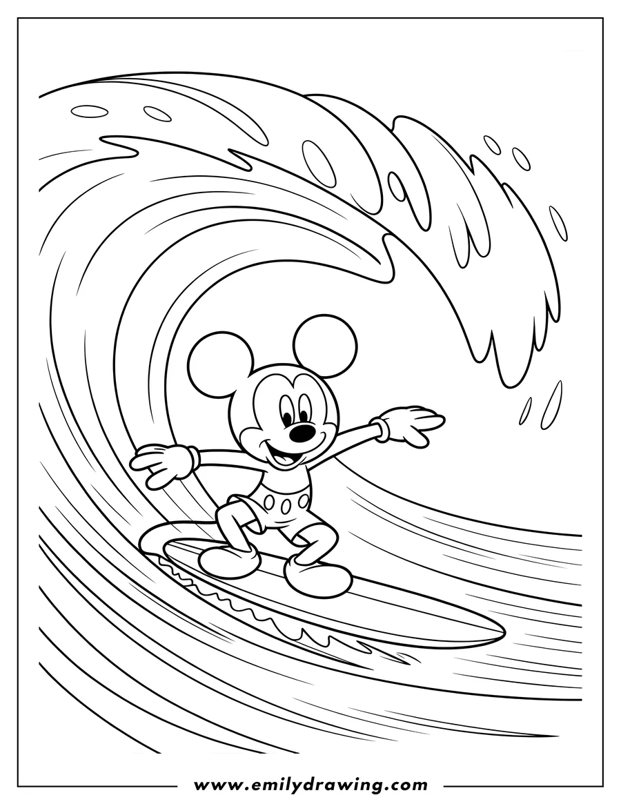 Line art of Mickey Mouse surfing a wave. He wears swim trunks and has his arms outstretched for balance.