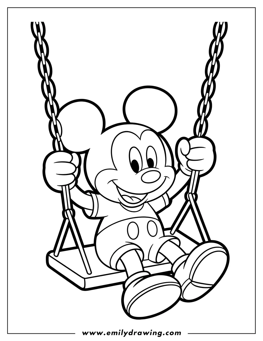 Outline of Mickey Mouse happily swinging on a swing set.