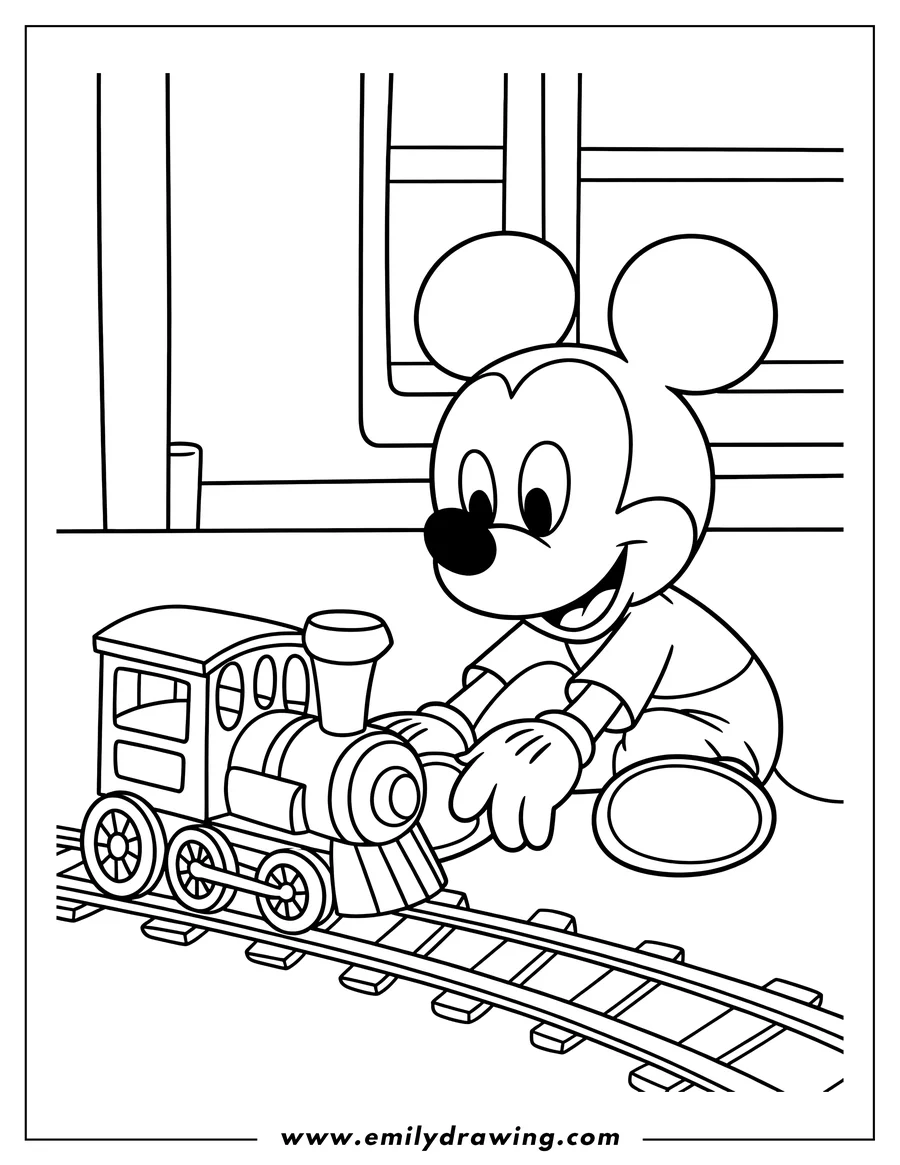Line art of Mickey Mouse playing with a toy train on a track. He's wearing his signature gloves, shoes, and shorts.