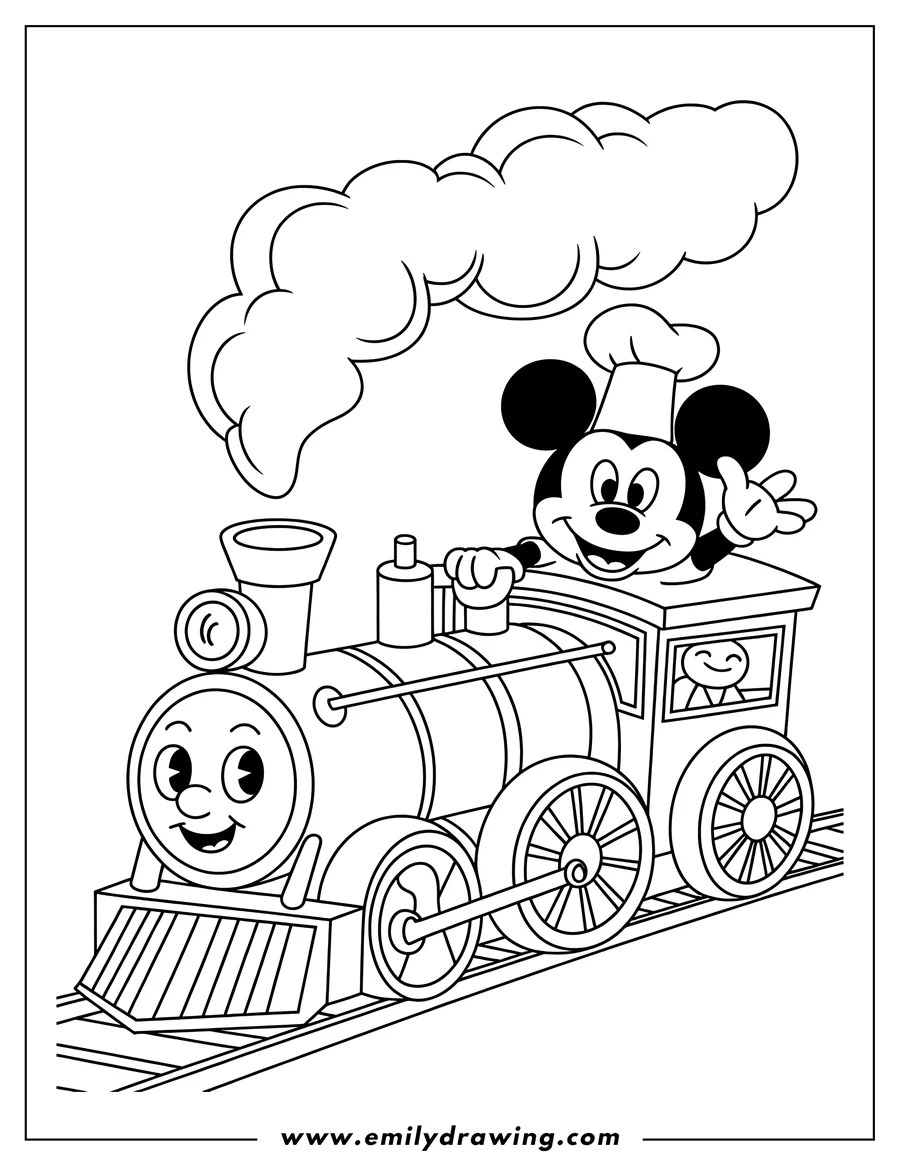 Line art of Mickey Mouse waving from the engineer's cab of a steam train.