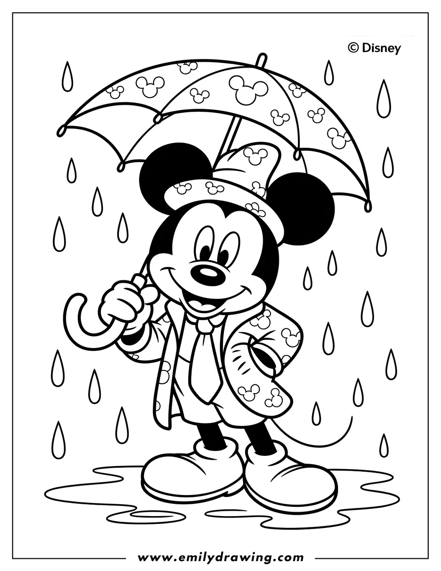 Line art of Mickey Mouse holding an umbrella in the rain. He's wearing a raincoat and smiling.