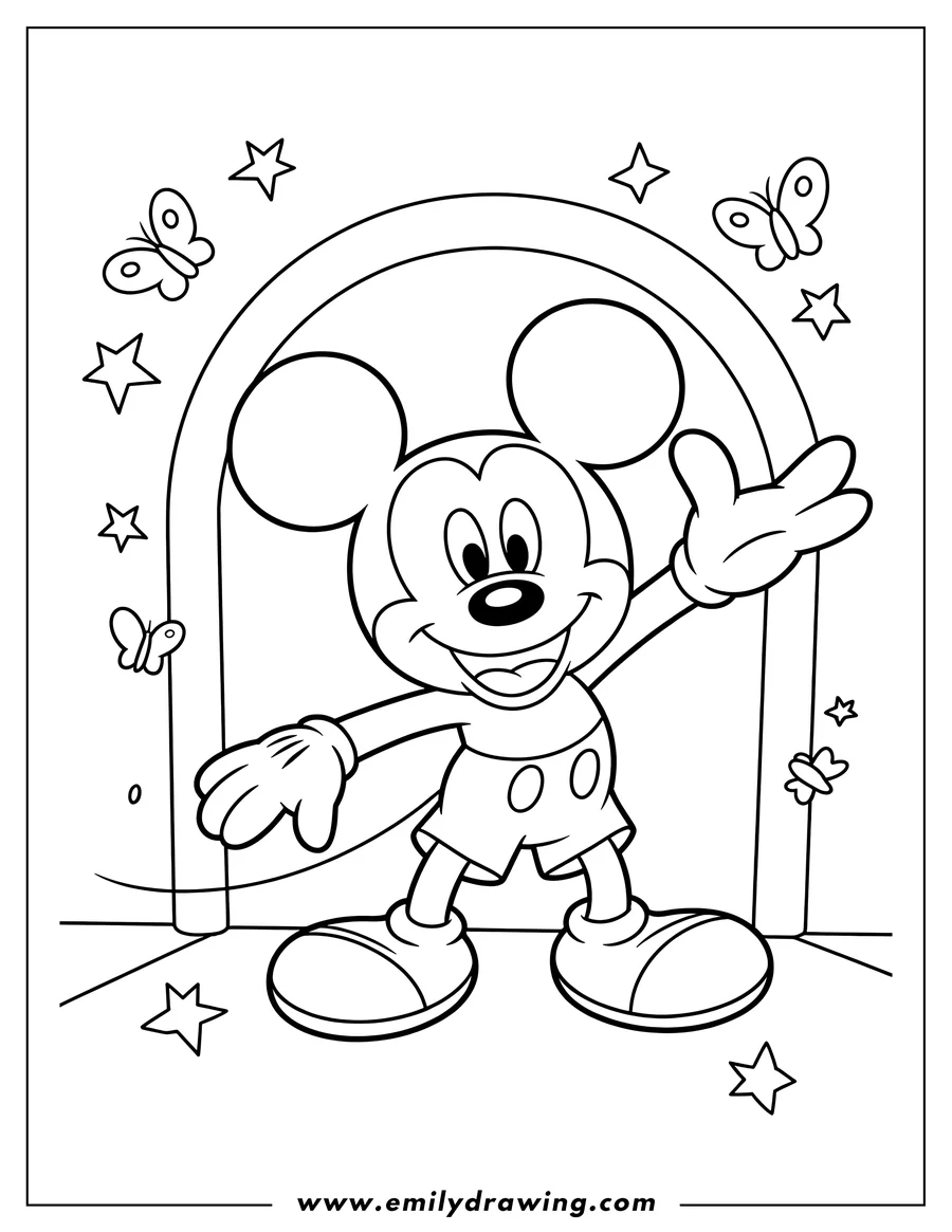 Line art of Mickey Mouse waving, surrounded by butterflies and stars.
